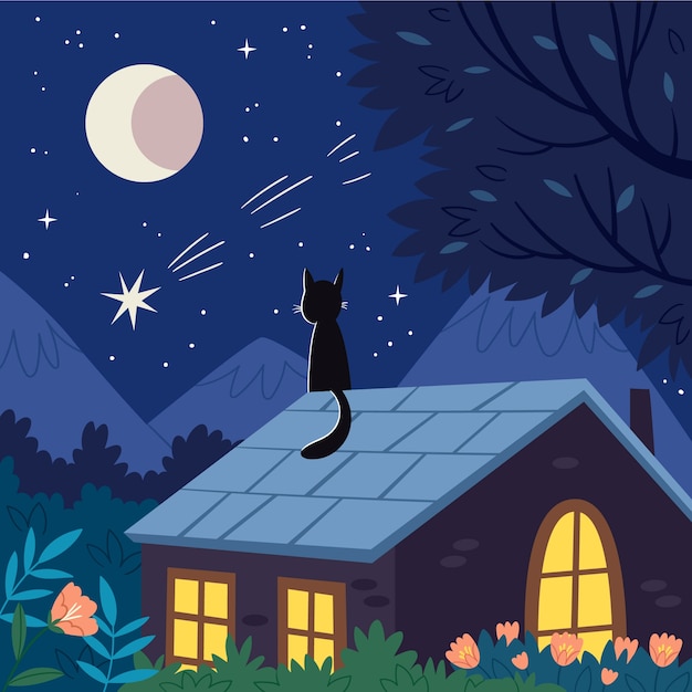 Ilustración plana de noche de verano con casa y gato