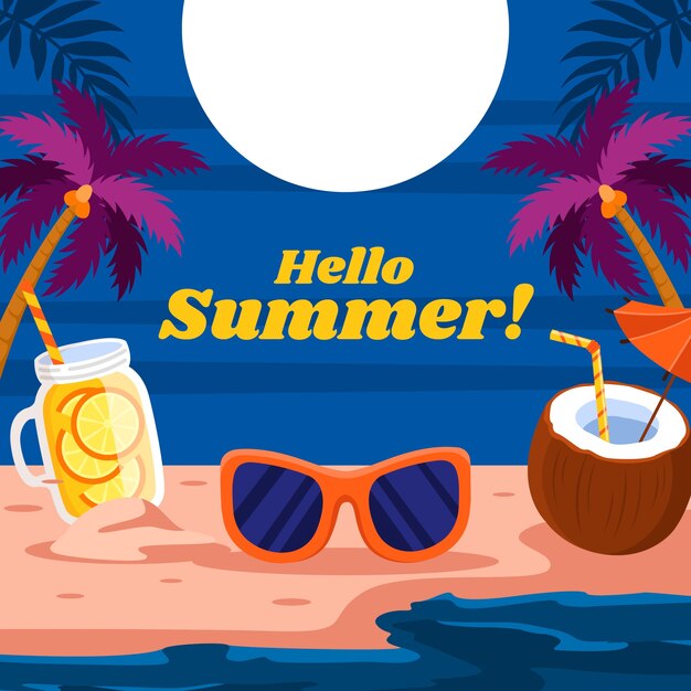 Ilustración plana de noche de verano con cócteles