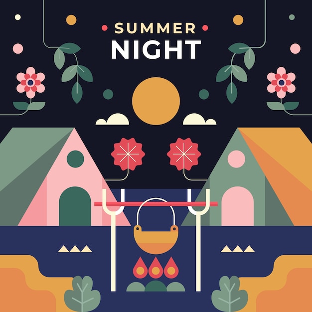 Ilustración plana de noche de verano con hoguera y carpas