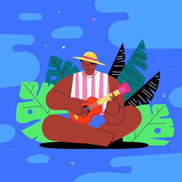 Vector gratuito ilustración plana de noche de verano con hombre tocando ukelele