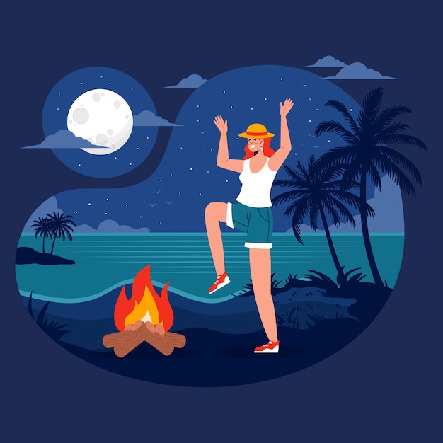 Ilustración plana de noche de verano con mujer bailando en la playa junto a la hoguera