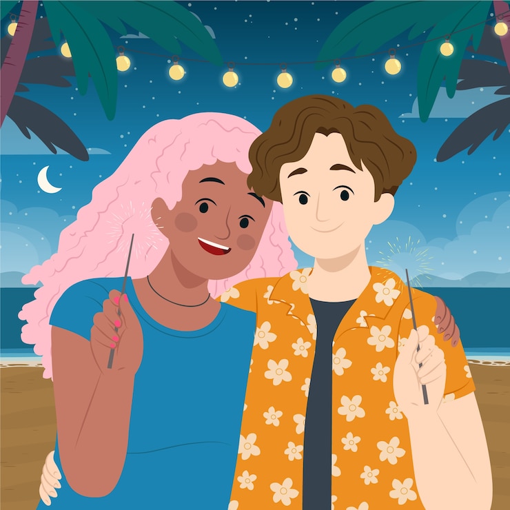 Vector gratuito ilustración plana de noche de verano con pareja en la playa