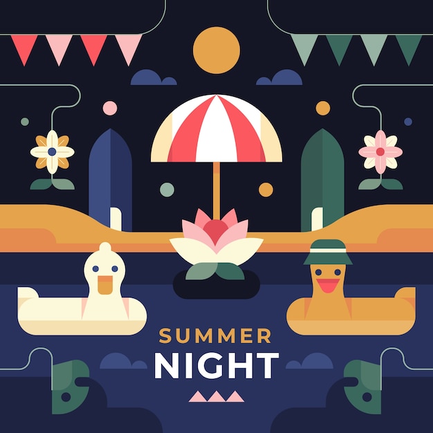 Ilustración plana de noche de verano con patos en la playa