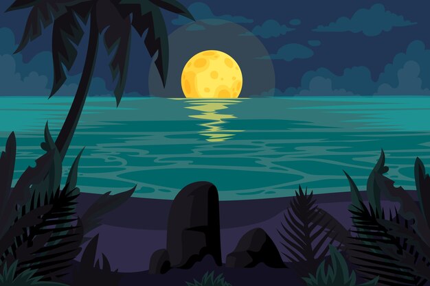 Ilustración plana de noche de verano con vista a la luna y la playa