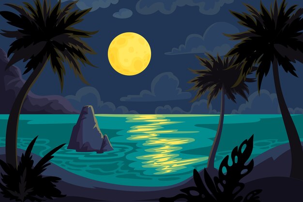Ilustración plana de noche de verano con vista a la luna