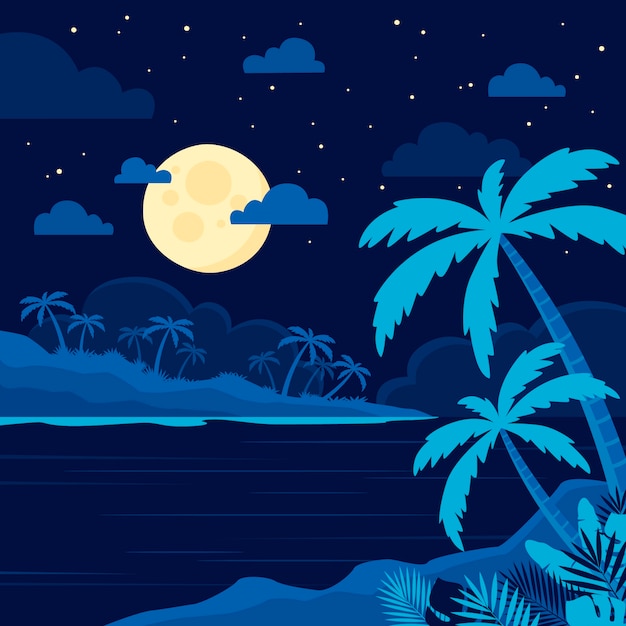 Vector gratuito ilustración plana de noche de verano con vista a la playa