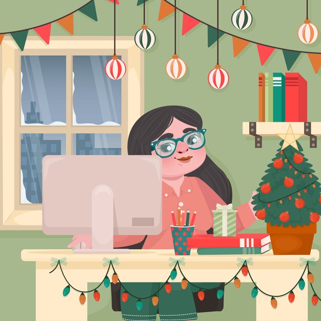 Ilustración plana de oficina de temporada de navidad