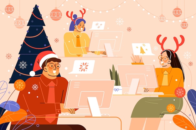 Ilustración plana de oficina de temporada de navidad
