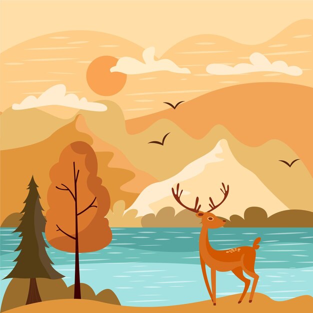 Ilustración plana de otoño con paisaje de ciervos y lago