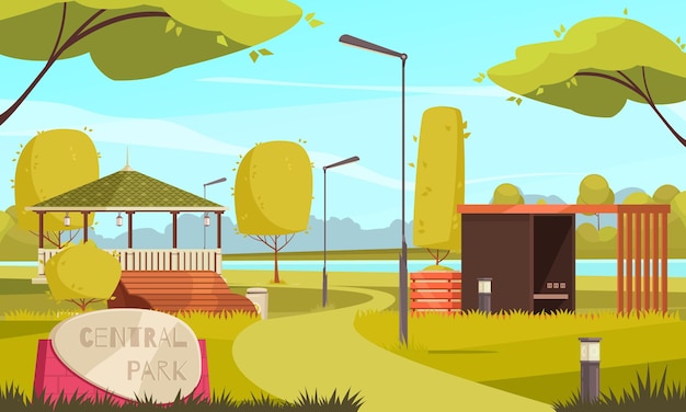 Vector gratuito ilustración plana del paisaje del parque de la ciudad vacía de verano