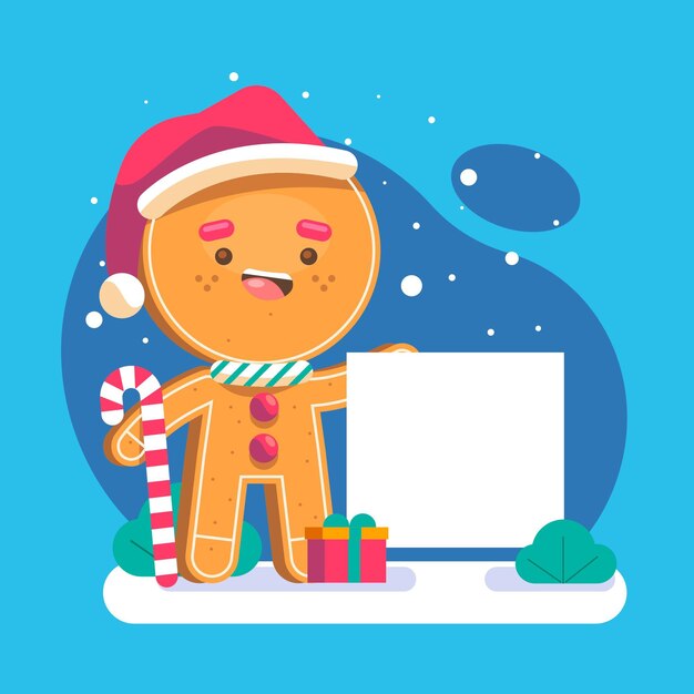 Ilustración plana del personaje navideño con pancarta en blanco