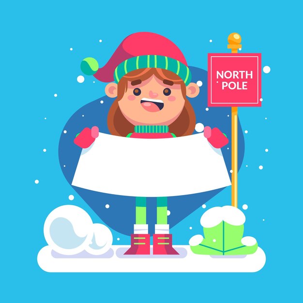 Ilustración plana del personaje navideño con pancarta en blanco