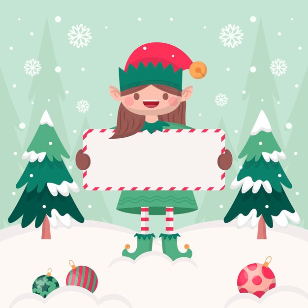 Ilustración plana del personaje navideño con pancarta en blanco