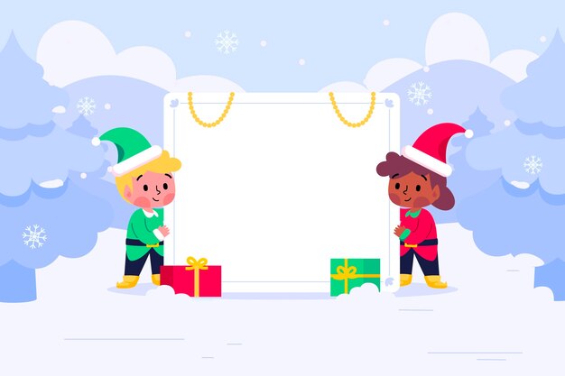 Ilustración plana del personaje navideño con pancarta en blanco