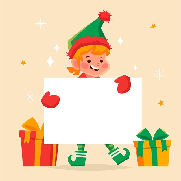 Ilustración plana del personaje navideño con pancarta en blanco