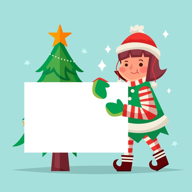 Ilustración plana del personaje navideño con pancarta en blanco