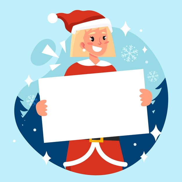 Ilustración plana del personaje navideño con pancarta en blanco