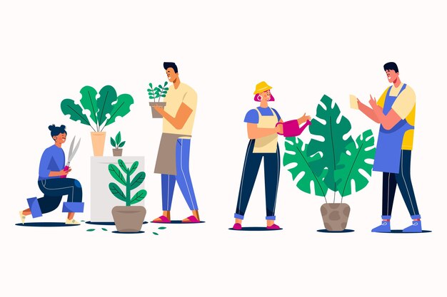Ilustración plana de personas cuidando plantas.