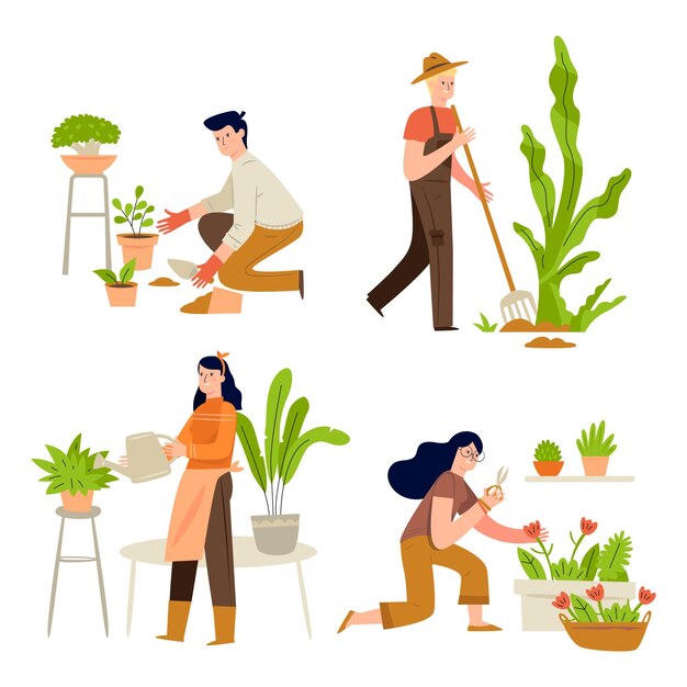 Ilustración plana de personas cuidando plantas.