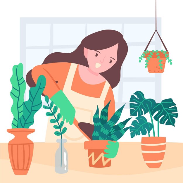 Ilustración plana de personas cuidando plantas.