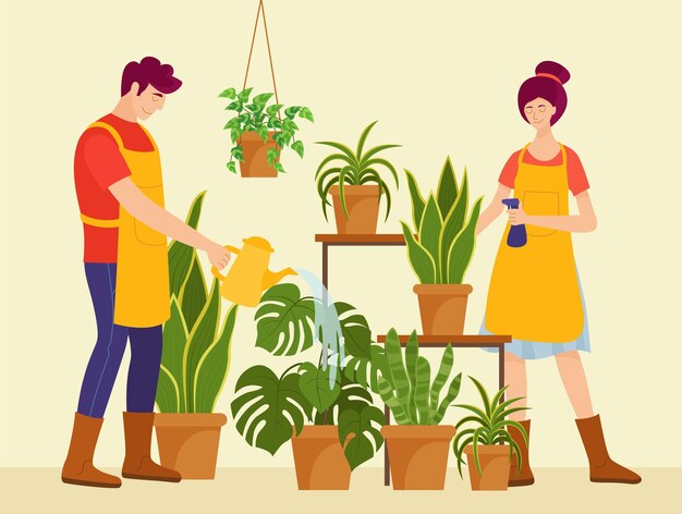 Ilustración plana de personas cuidando plantas.