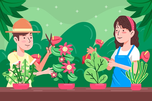 Vector gratuito ilustración plana de personas cuidando plantas.