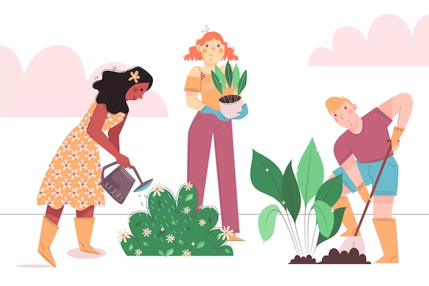 Vector gratuito ilustración plana de personas cuidando plantas.