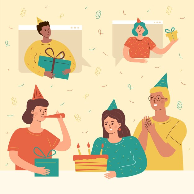 Ilustración plana de personas de cumpleaños