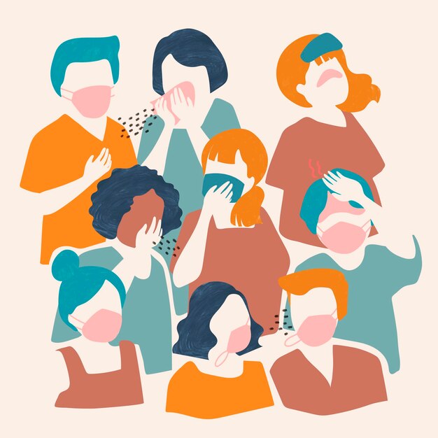 Ilustración plana de personas enfermas con mascarillas