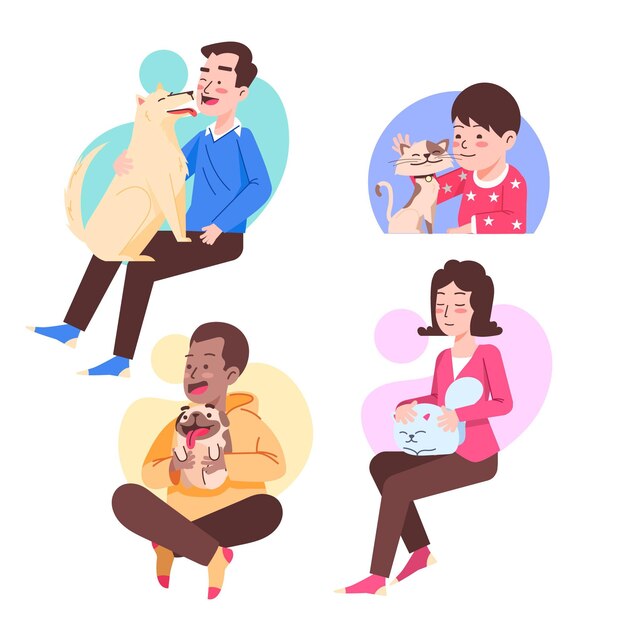 Ilustración plana de personas con mascotas.