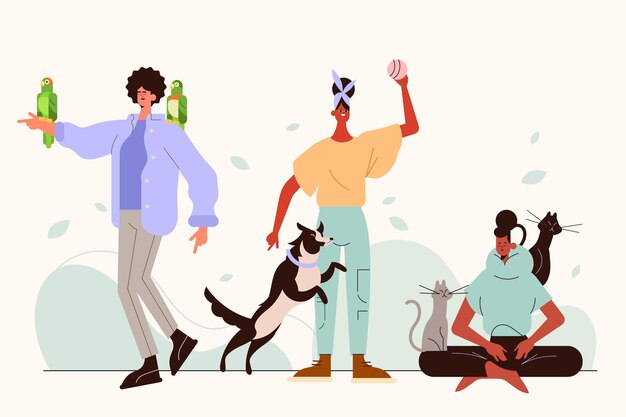 Ilustración plana de personas con mascotas.