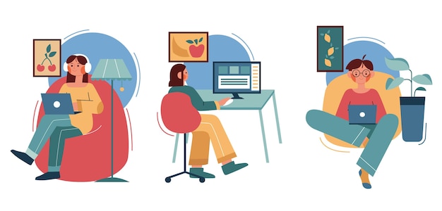 Ilustración plana de personas que trabajan de forma remota.