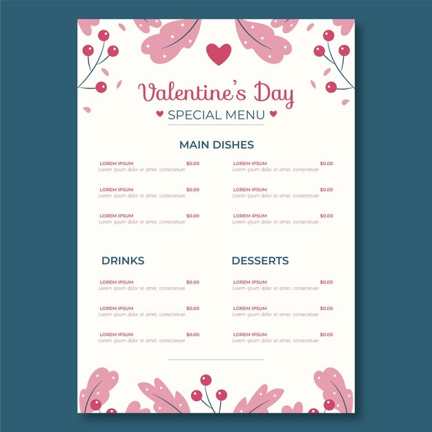Ilustración plana de plantilla de menú de san valentín