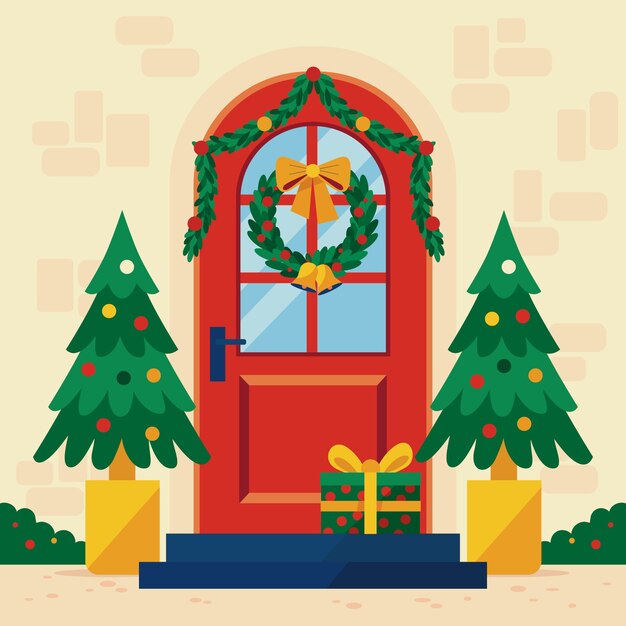 Ilustración plana de la puerta de la casa de la temporada navideña