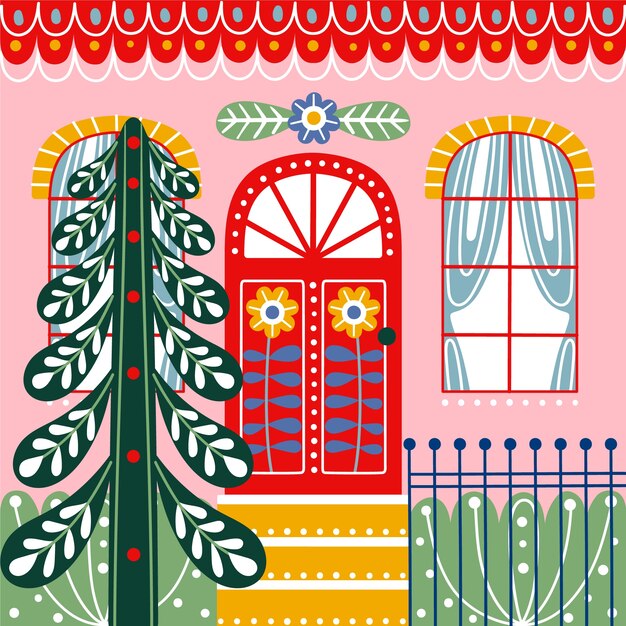 Ilustración plana de la puerta de la casa de la temporada navideña