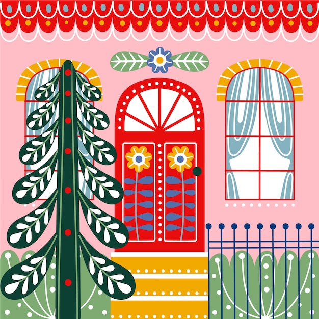 Ilustración plana de la puerta de la casa de la temporada navideña