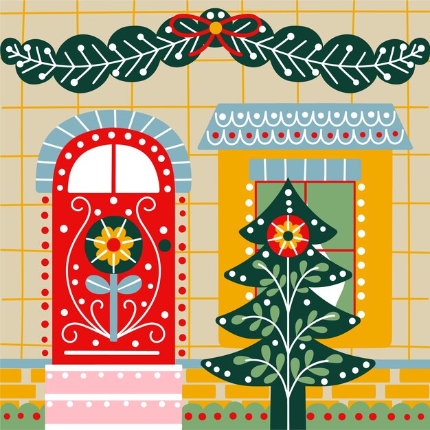 Ilustración plana de la puerta de la casa de la temporada navideña