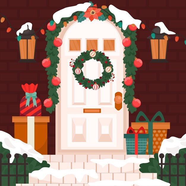 Ilustración plana de la puerta de la casa de la temporada navideña