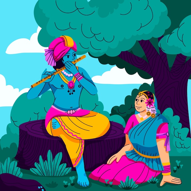 Vector gratuito la ilustración plana de radha y krishna.