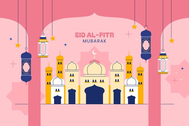 Ilustración plana del Ramadán con una mezquita árabe