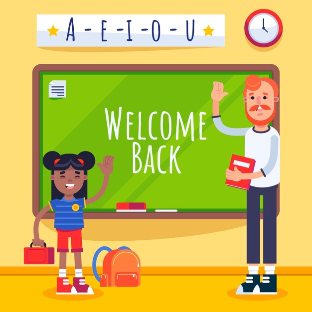 Ilustración plana de regreso a la escuela con estudiante y maestro en el aula