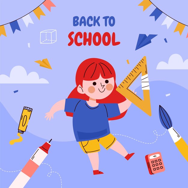 Ilustración plana de regreso a la escuela con estudiante sosteniendo cuadrado