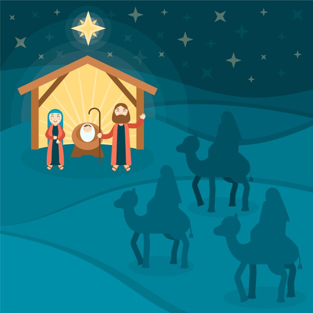 Ilustración plana de reyes magos llegando al belén