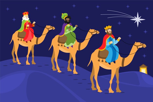 Ilustración plana de reyes magos llegando al belén