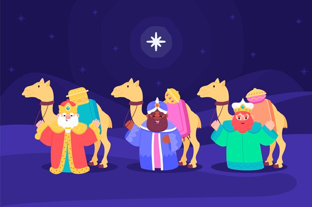 Ilustración plana de reyes magos llegando al belén