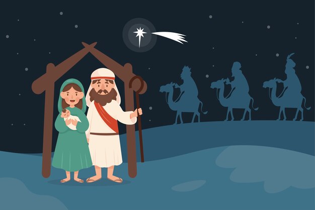Ilustración plana de reyes magos llegando al belén