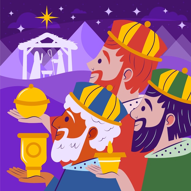 Vector gratuito ilustración plana de reyes magos llegando al belén