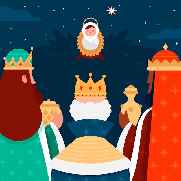 Vector gratuito ilustración plana de reyes magos llegando al belén