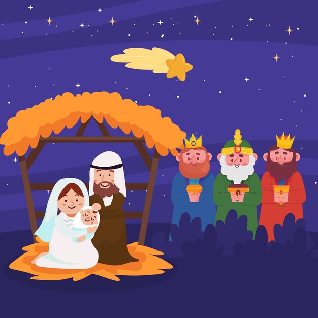 Ilustración plana de reyes magos llegando al belén
