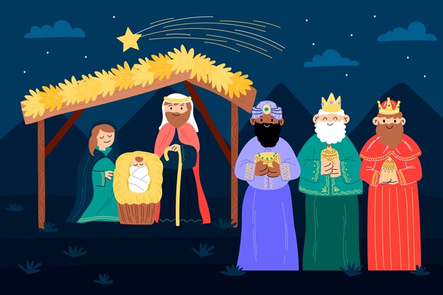 Ilustración plana de reyes magos llegando al belén